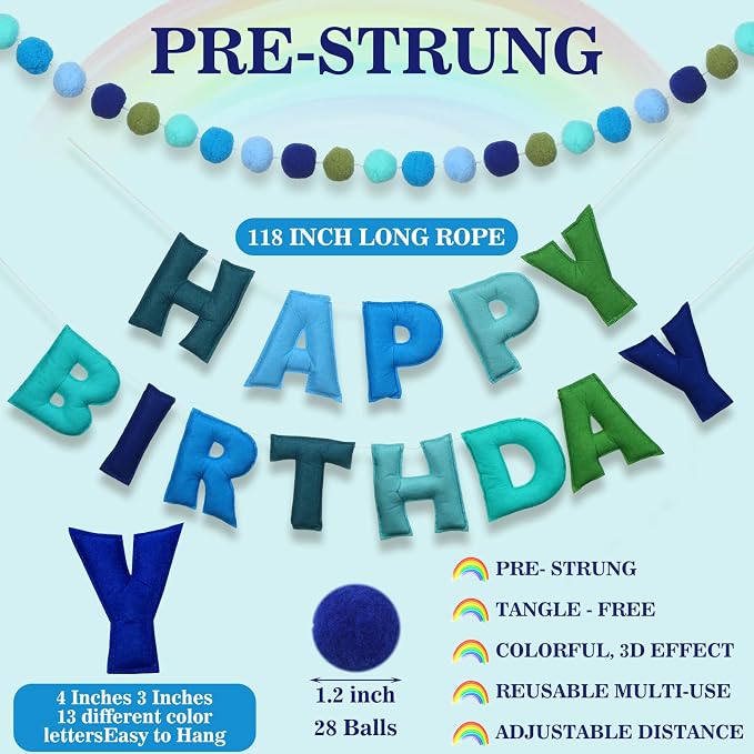 Mindsoft 2 Pcs 9.83ft Pre Strung 3D Happy Birthday Felt Fabric Banner with Ball Garland Reusable Pom Pom Garland for Birthday Party Decorations Sign Photo Prop Boys Girls(Ocean Color)
