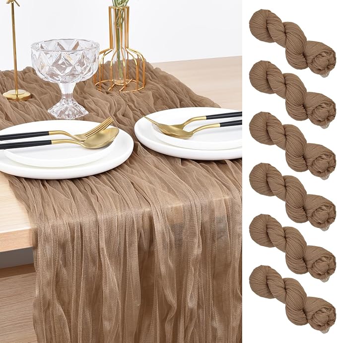 Joanlody Coffee Cheesecloth Table Runner Spring Summer 10Ft Rustic Gauze Boho Cheese Cloth Table Runner for Wedding Bridal Baby Shower Decoration 6 Pack