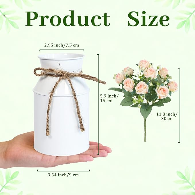 4 Sets Farmhouse Wedding Flower Centerpiece for Tables Decorations, Rustic Artificial Roses Bouquet with Metal Galvanized Vase Pot for Party Bridal Shower Event (White Vase & Champagne Roses)