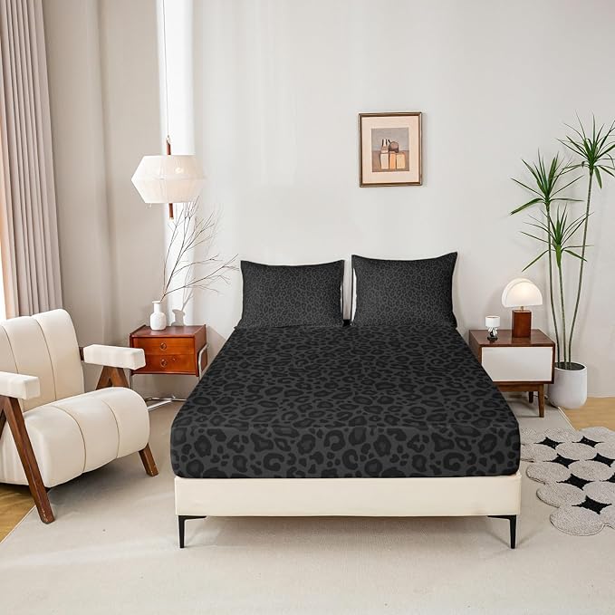 Castle Fairy Leopard Print Bed Sheet Set Twin Size,African Cheetah Wildlife Sheet Set Kids Teens,Gray Wild Animal Skin Bedding Decor Set with 1 Flat & 1 Fitted Sheet with 1 Pillow Sham
