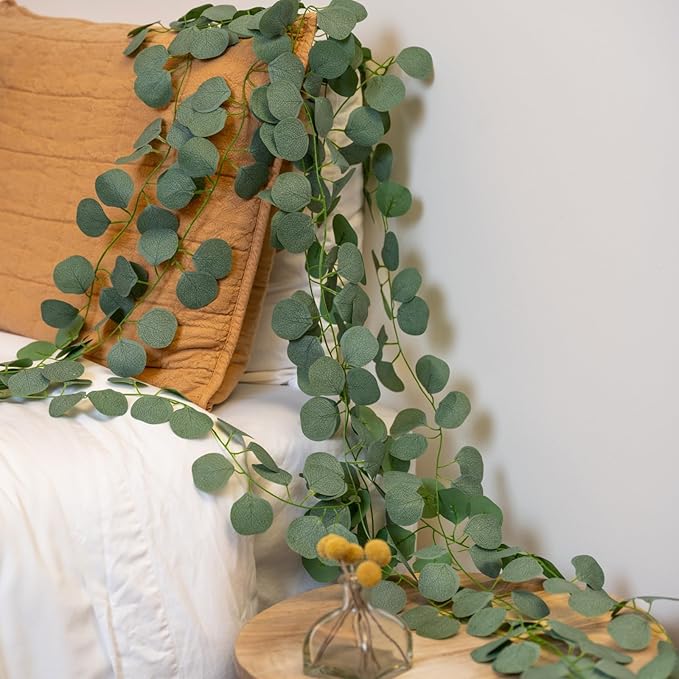 CQURE 48 Pack Artificial Eucalyptus Garland Faux Greenery Garland Eucalyptus Leaves Vines Table Runner for Wedding Party Backdrop Arch Wall Room Decor(336Ft)