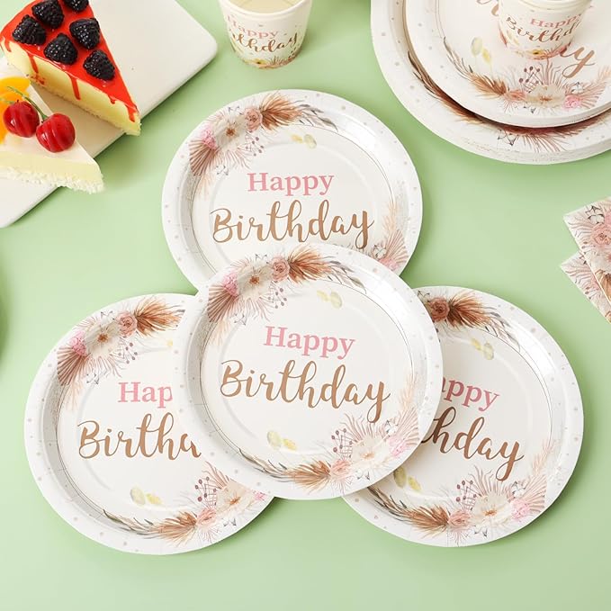 Boho Birthday Decorations for Women, Neutral Birthday Plates and Napkins Party Supplies 168Pcs, Happy Birthday Plates and Napkins Set for Boho Floral Champagne Cream Beige Party, Serve 24