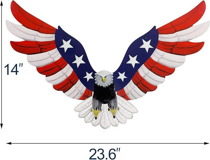 Adroiteet American Eagle 250th Patriotic decorations, Independence Day 4th of July Decoration Metal Wall Art, American Flag Bald Eagle Hanging Sculpture, Large Handmade Centerpiece for Indoor Bedroom Office Outdoor 23.6" x 14"