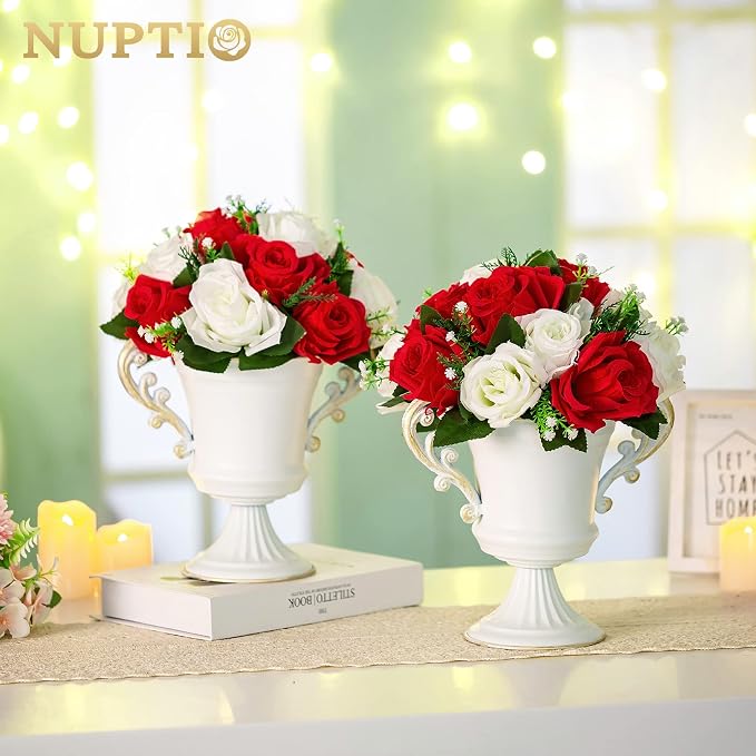 NUPTIO Pcs of 6 Fake Flower Ball Arrangement Bouquet,15 Heads Plastic Roses with Base, Suitable for Our Store's Wedding Centerpiece Flower Rack for Parties Valentine's Day Home Décor (Red & White) | 6 Pcs Artificial Silk Floral Arrangements, for Birthd...