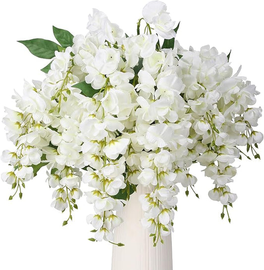 Wisteria Hanging Flowers, Spring Fake Flower for Vase, 2Pcs Silk Wisteria UV & Fading Resistant Faux Plant for Wedding Arch Backdrop Outdoor Patio Garden Decoration Centerpiece Table (White)