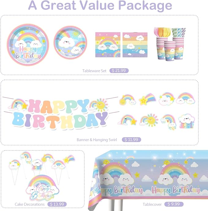 Xynic 174pcs Rainbow Birthday Decorations Tableware Complete Party Set, Rainbow Birthday Party Decorations, includes Pastel-Rainbow Paper Banner Plates Napkins Cups Forks, etc, Serves 25 Guests