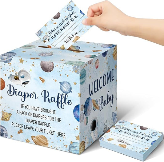 Teling 51 Pieces Diaper Raffle Tickets with Card Box Baby Shower Decorations Baby Shower Holder Box for Girl Boy Diaper Raffle Party(Outer Space)