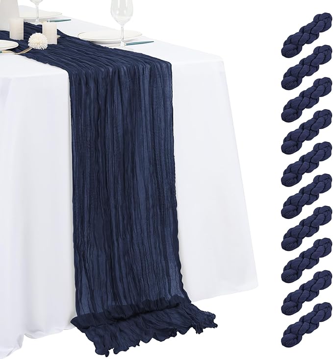 10 Pack Navy Blue Cheesecloth Table Runner 17x108 Inch Semi Sheer Boho Gauze Cheese Cloth Table Runners, for Wedding Bridal Shower Birthday Party Home Decor Garden Farmhouse