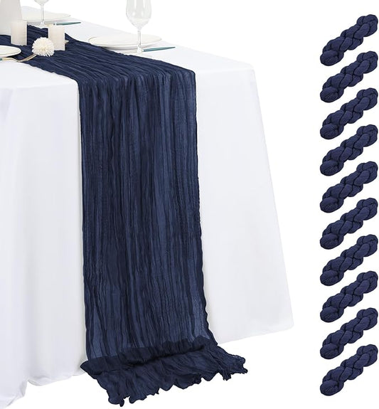 10 Pack Navy Blue Cheesecloth Table Runner 17x108 Inch Semi Sheer Boho Gauze Cheese Cloth Table Runners, for Wedding Bridal Shower Birthday Party Home Decor Garden Farmhouse