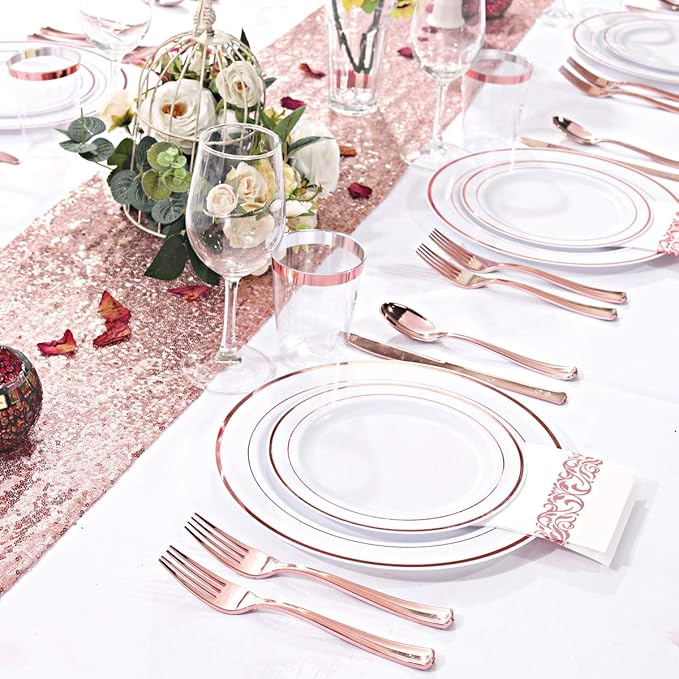 WDF 120 pieces Rose Gold Plates Disposable - Heavy Duty Rose Gold Plastic Plates Perfect for Wedding Party Birthday