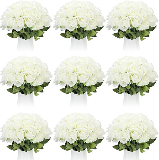 Jexine 100 Pieces Artificial Roses Flowers Bulk, Long Stem Realistic Fake Silk Roses Bouquet for Table Centerpiece Vases Wedding Party Kitchen Decor(Creamy White)