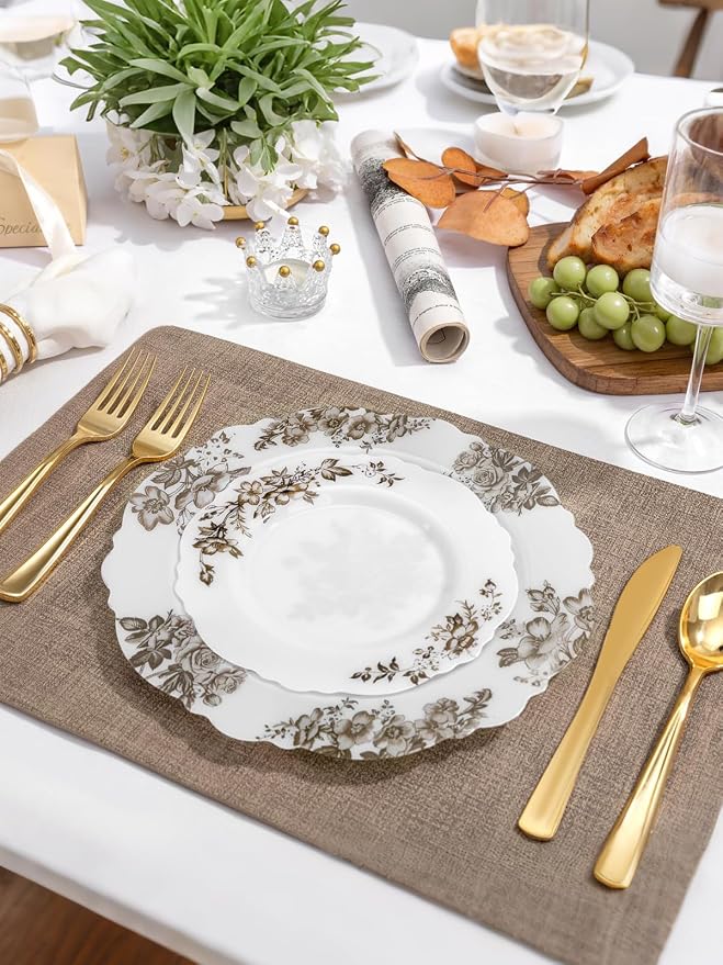 WDF 20PCS Brown Plastic Plates - Baroque White and Brown Floral Plates - Floral Party Decorations for Birthdays/Tea Party/Showers