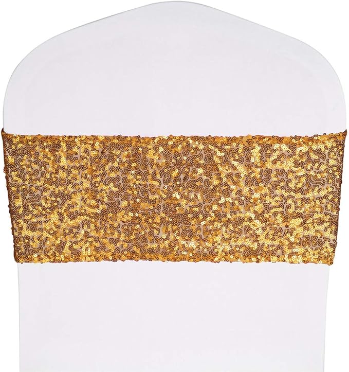 Pack of 150 Stretch Sequin Chair Sashes Chair Bands One-Sided Sequins Decor for Hotel Wedding Reception Party Event Chair Cover Decoration 4"x16" - Gold