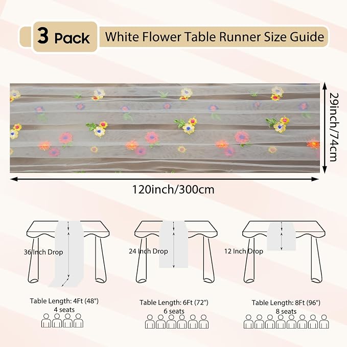 Set of 3 Flower Table Runner 10ft, 29 * 120 Inch White Table Cloth Sheer Tulle Table Cover,Embroidery Daisy Table Runner for Wedding Party Baby Shower Birthday Home Decor