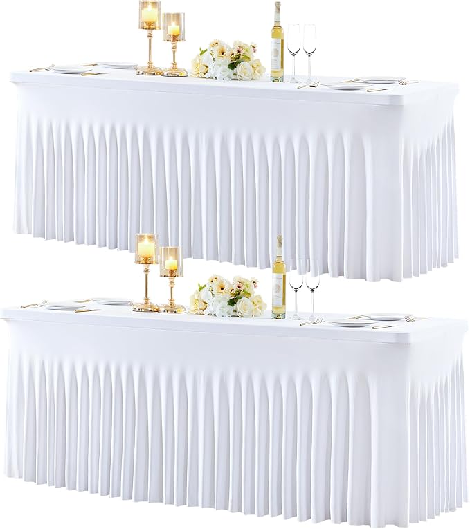 gogoparti 2 Pack Spandex White Fitted Table Cloth for 8ft Rectangle Tables White Stretch Tablecloth Table Covers Skirt Banquet Wrinkle Free Tablecloths for Parties Wedding