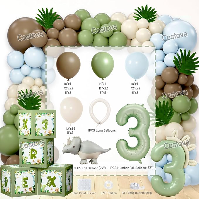 Costova Three Rex Birthday Decorations Boy, Dinosaur 3rd Birthday Party Supplies Kit with Tableware Set, Plates, Napkins, Cups, Backdrop, Boxes, Tablecloth for Boys 3 Year Old Jungle Safari