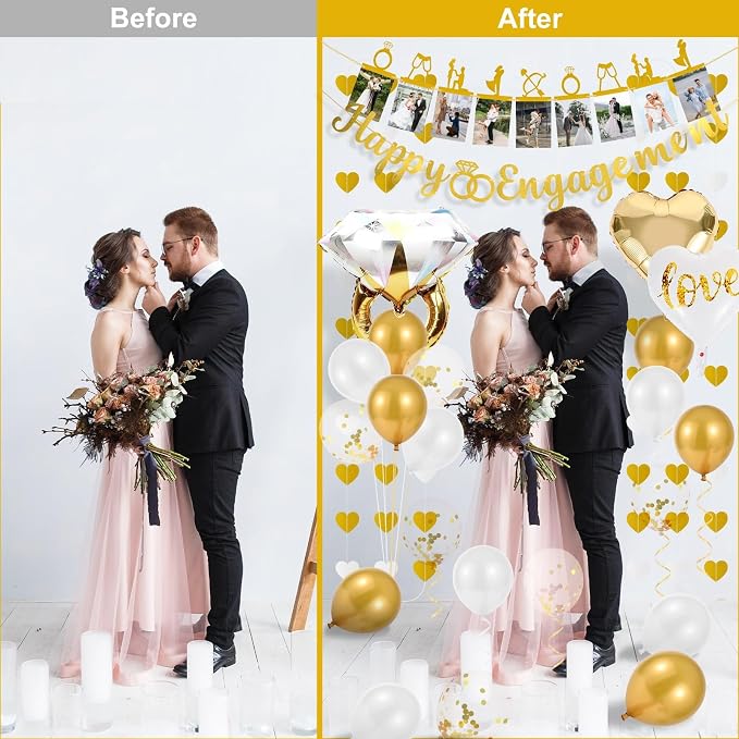 Engagement Party Decorations Gold - 29 Pc Engagement Decor Kit, Happy Engagement Banner, Ring Balloon, Photo Timeline, LOVE Heart Balloons - Just Engaged Proposal Bridal Shower Decor