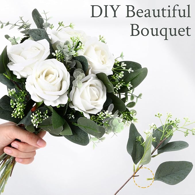 Janinka Mixed Eucalyptus Leaves Stems Bulk with White Seeds Artificial Silver Dollar Leaves Sprays Faux Oval for Wreath Garland Floral Bouquets Arrangement Wedding Greenery Decoration (50)