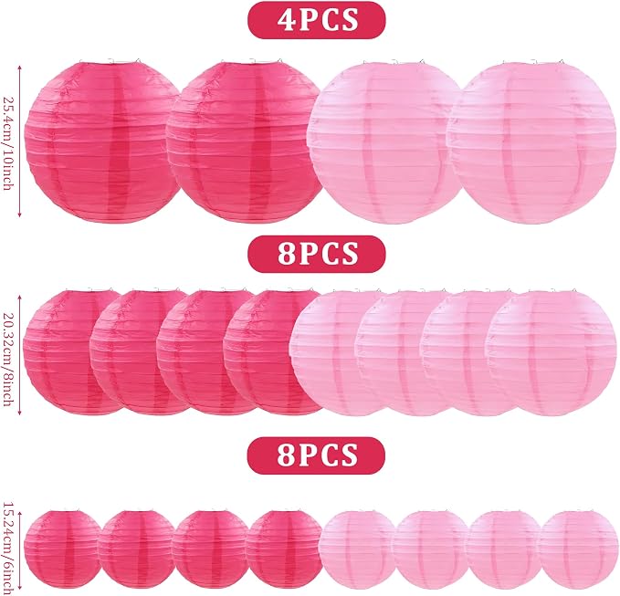 20Pcs Paper Lanterns Decorative, Hot Pink Round Hanging Paper Lanterns Decorations for Rustic Party Bridal Shower Wedding Birthday Home Decor