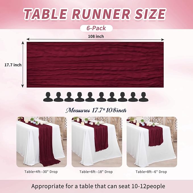 6 Pack Cheesecloth Table Runner,Burgundy Table Runner Long Romantic Semi Sheer Rustic Boho Gauze Table Runners for Wedding Bridal Shower Birthday Party Decorations(17.7×108 Inch)