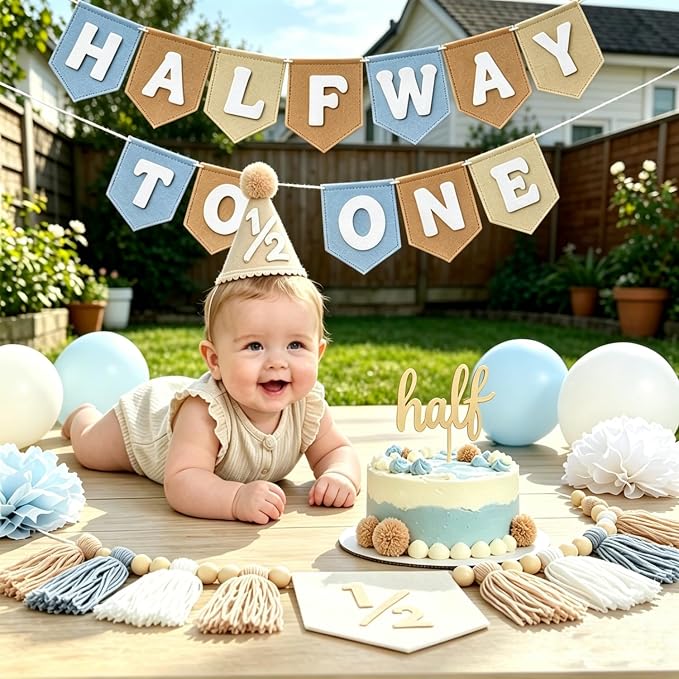 1/2 Birthday Boy Decorations-Half Way to One 6 Months Birthday Set with High Chair Banner Cake Topper & Hat for Baby Boy Party Supplies