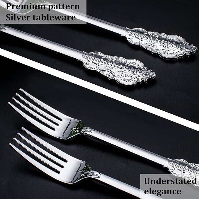 WDF 100 Piece Silver Forks Disposable - 7.48 Inch Silver Plastic Forks - Baroque Silverware for Dessert Cake - Heavy Duty Plastic Fork for Party Wedding or Daily Using Baby Shower Spring
