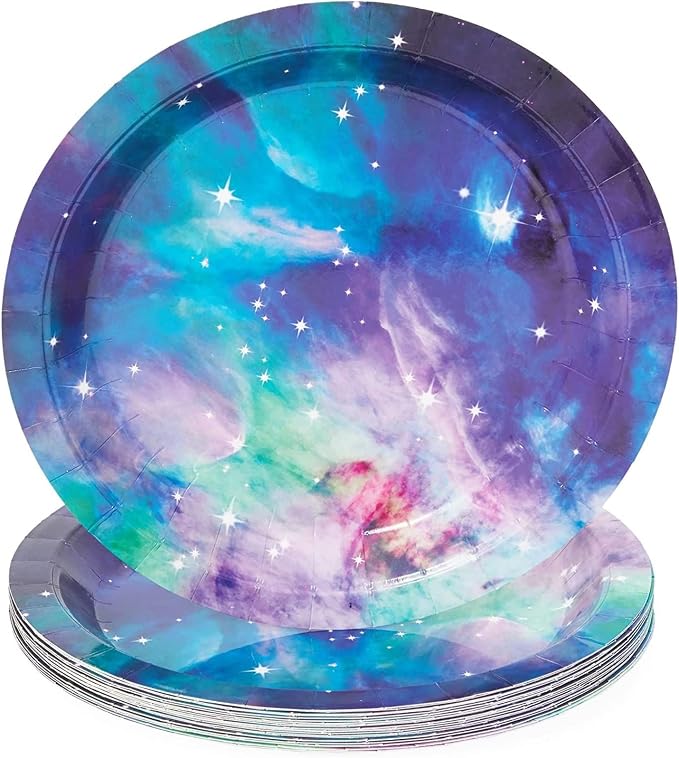 BLUE PANDA 168-Piece Space Birthday Decorations Set - Serves 24, Blue Galaxy 9" & 7" Plates, 9-Oz Cups, Napkins & 6" Cutlery - Moon & Stars Decor - Galaxy Party Cups & Cosmic Napkins