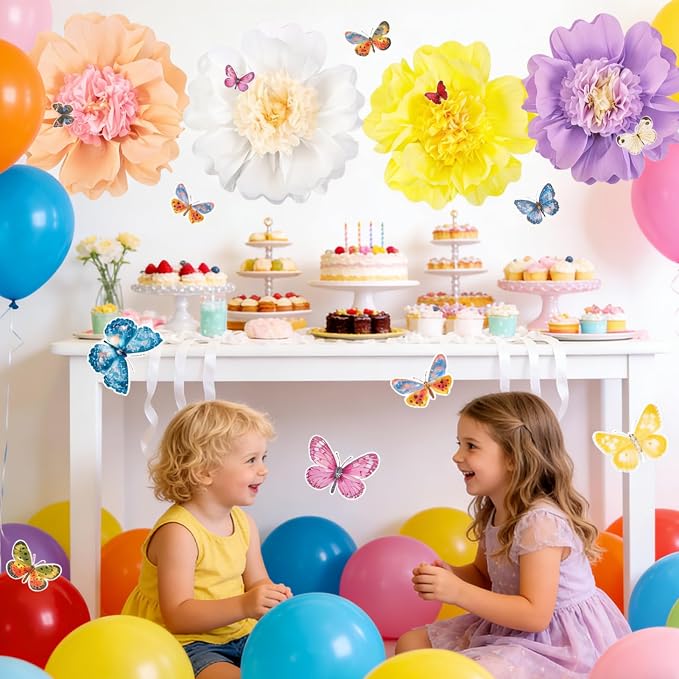 SUNBEAUTY Pastel Paper Flower Butterfly Decorations 20'' Giant Crepe Flowers Large Tissue Paper Flowers Decorations 3D Paper Butterfly for Wall Birthday Spring Wedding Backdrop Bridal Shower Classroom