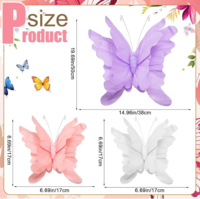 3 Pcs 3D Large Hanging Butterfly Decorations Large Butterfly Birthday Party Decorations 3D Crepe Paper Decoration for Wedding Party Birthday Baby Shower Garden(Purple, Pink, White,7inch,11inch)