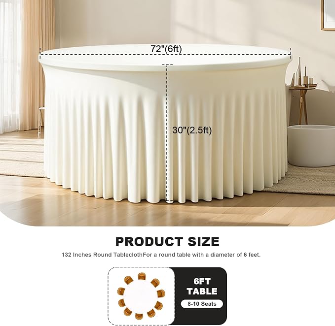 72 Inch Ivory Round Tablecloth – Washable Stretch Spandex Fitted Table Cover with Elastic Edge for 6FT Circular Table, Reusable Dining Tablecloth for Wedding, Banquet, Party, Buffet Decor