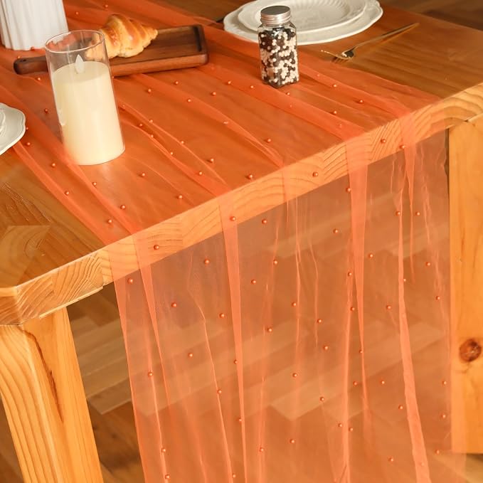 Set of 6 Pearl Table Runner 10ft, 29 * 120 Inch Orange Table Cloth Sheer Tulle Table Cover,Pearl Table Runner for Wedding Party Baby Shower Birthday Home Decor