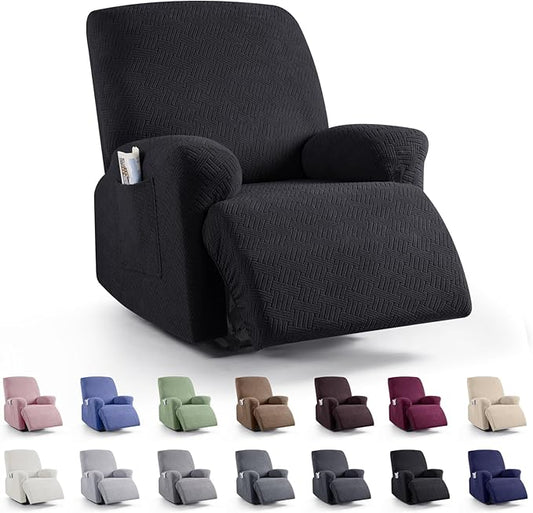 KinCam Recliner Covers, Stretch Reclining Chair Covers, Recliner Sofa Slipcovers Stripe Jacquard Recliner Couch Covers Furniture Protector Covers for Pet Kid (1 Seater, Black)