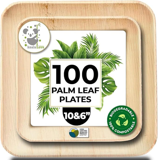 Koala love Palm Leaf Bamboo Plates Paper Disposable 10 Inch & 6 Inch Bulk Party Pack Eco Compostable Biodegradable Wooden Best Alternative To Plastic Paper Plates (100 pc)