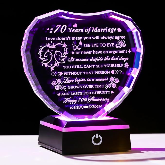 Arikyrist 70th Wedding Anniversary Crystal Heart Gifts for Couple, Laser Engraved 70 Year Anniversary Crystal Gifts for Wife Husband Parents, Romantic 70 Years of Marriage Gift for Him Her Friends