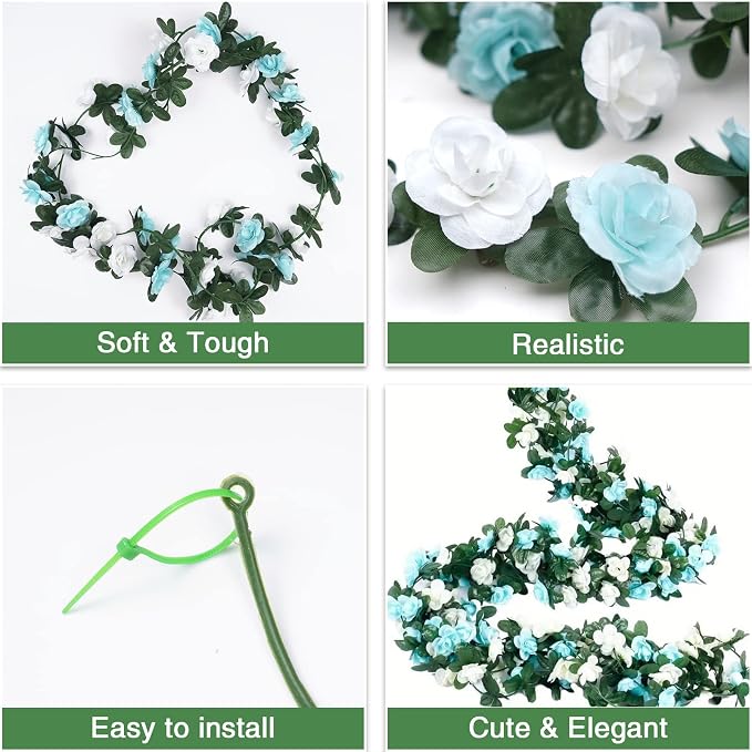 BLEUM CADE 12Pcs 98.4Ft Flower Garland Artificial Rose Vines for Bedroom, Cute Fake Hanging Flower Vines Floral Garland Decorations for Wedding Party Wall Room Decor Aesthetic