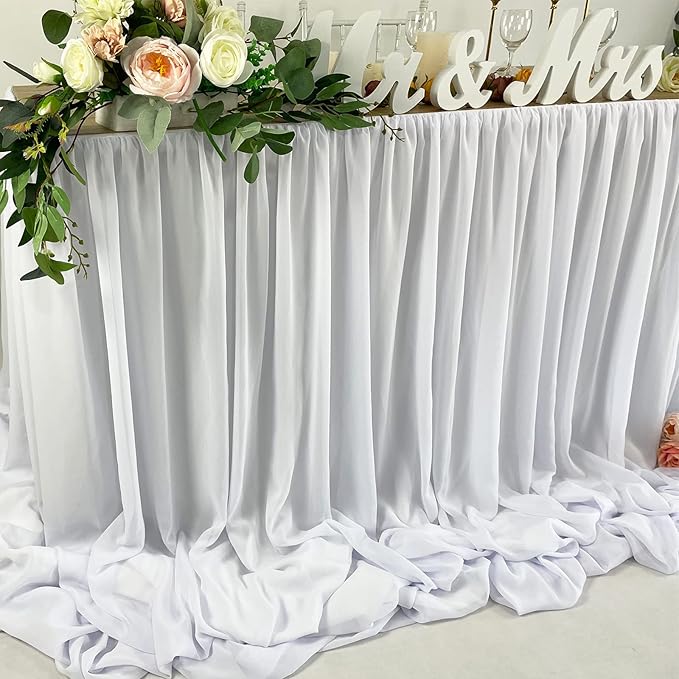 Pooling and Floating Chiffon Table Skirt with extra length, 6FT 9FT 14FT Sheer Tablecloth, Baby Shower, Birthdays Party, Main Cake Table Decoration, Wdding Table Skirt (White, 9FT)