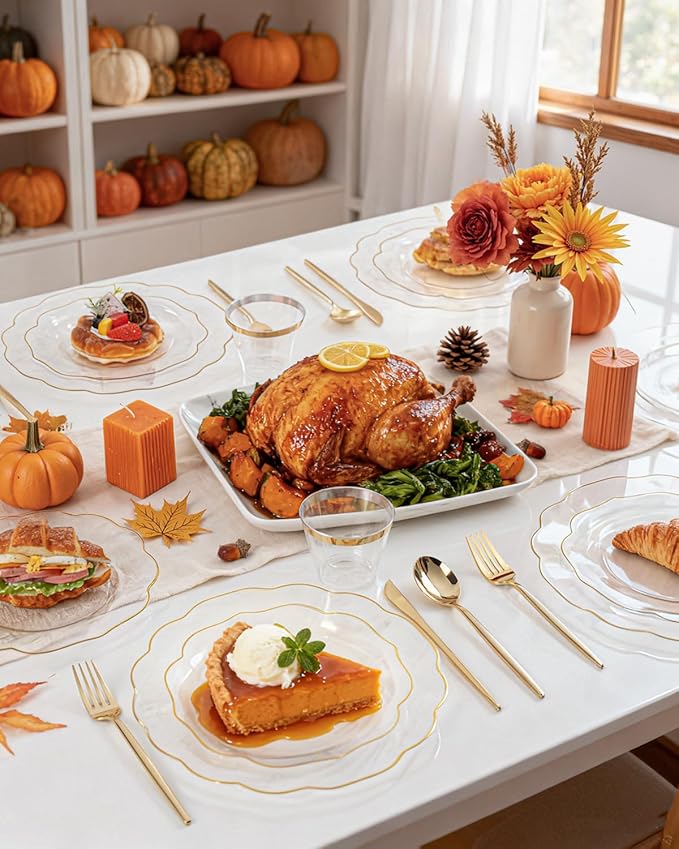 bUCLA 180PCS Clear Plastic Plates with Gold Trim - Clear Gold Plastic Dinnerware Include 30 Dinner & Dessert Plates, 30 Knives, 30 Forks, 30 Spoons and 30 Cups for Party