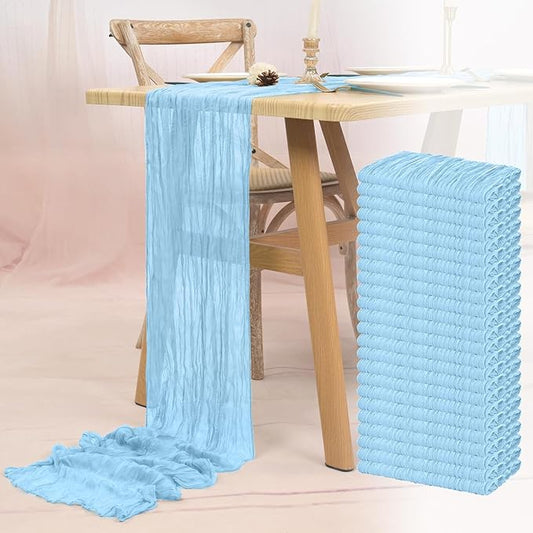 24 Pack Light Blue Cheesecloth Table Runner 10FT Baby Blue Boho Gauze Cheese Cloth Table Runner Rustic Sheer Fabric Table Runners for Wedding Bridal Shower Baby Shower Party(21.5×120 Inch)