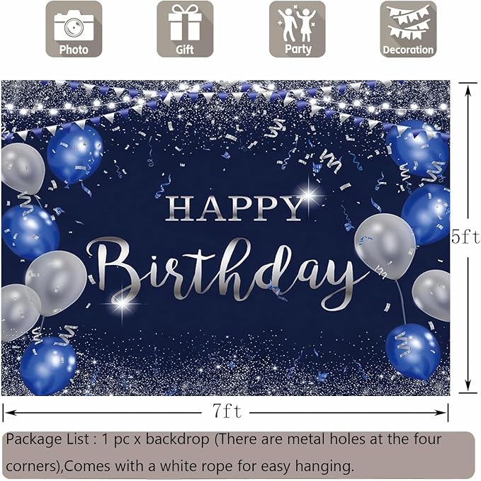 Happy Birthday Backdrop 7x5ft for Men Boys Navy Blue and Silver Happy Birthday Banner Decorations Large Birthday Party Photo Background Poster for Women Girls Supplies Polyester Fabric