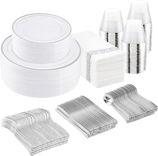I00000 350Pcs Silver Plastic Dinnerware Set, Plastic Plates Disposable for 50 Guests Include: 100 Silver Rim Plates, 50 Paper Napkins, 50 Cups, 50 Plastic Silverware Set Perfect for Party & Wedding