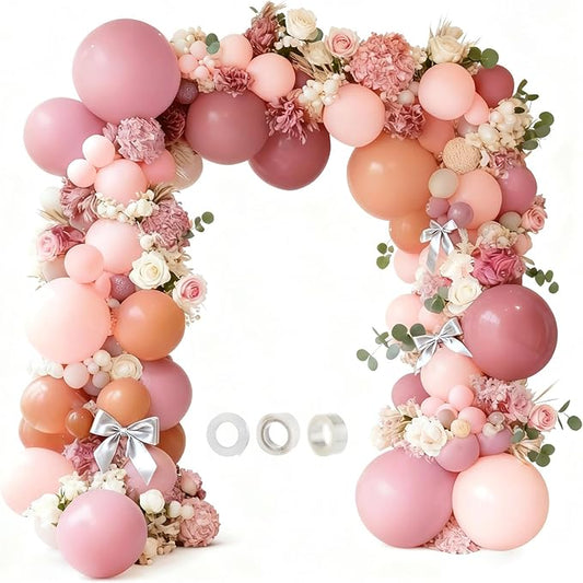 133 Pcs Pink Balloon Arch Kit, Retro Pastel Color Balloon Garland for Wedding Decorations, Birthday, Bridal Shower, Double Stuffed Balloons, Assorted Size, DIY Balloon Chain, Dot Glue, Ribbon Included