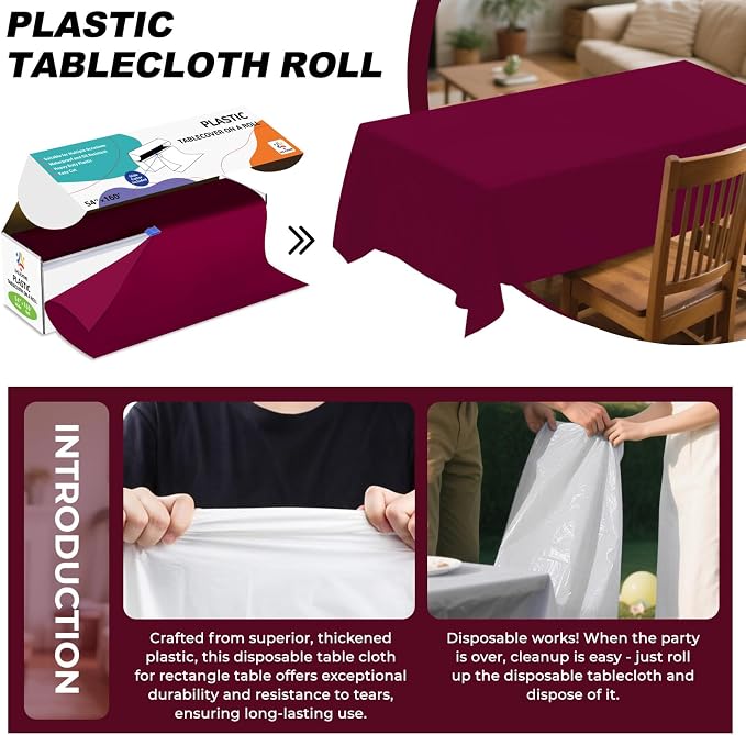 54IN X 160FT Plastic Table Cover Roll with Cutter Box, Cut to Size Plastic Table Cloths for Parties, Birthday, Disposable Tablecloth Roll for All Shape Tables (Burgundy, 54 Inch X 160 Feet)