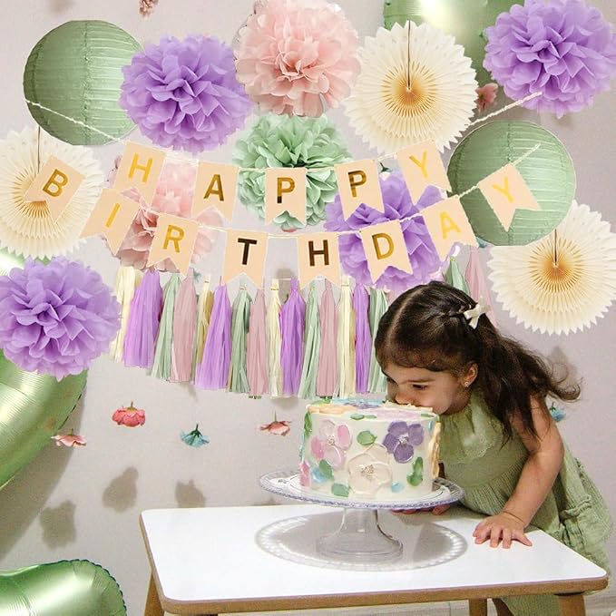 Pink Sage Green and Purple Birthday Decorations for Women Purple and Green Birthday Decorations Boho Lilac Sage Blush Pink Pastel Party for Girls Cream Dusty Rose Tassel Garland with Banner Beige Gold
