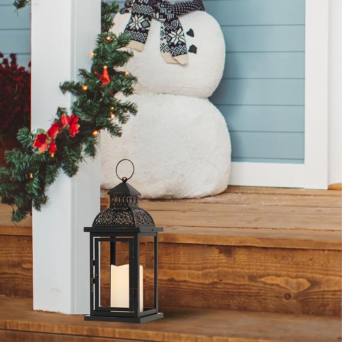 No Glass Lanterns Decorative Indoor & Outdoor, 15'' Candle Lantern Decorative Christmas Indoor Outdoor Decor, Vintage Metal Hanging Lanterns with LED Candle for Patio, Front Porch,Yard, Table