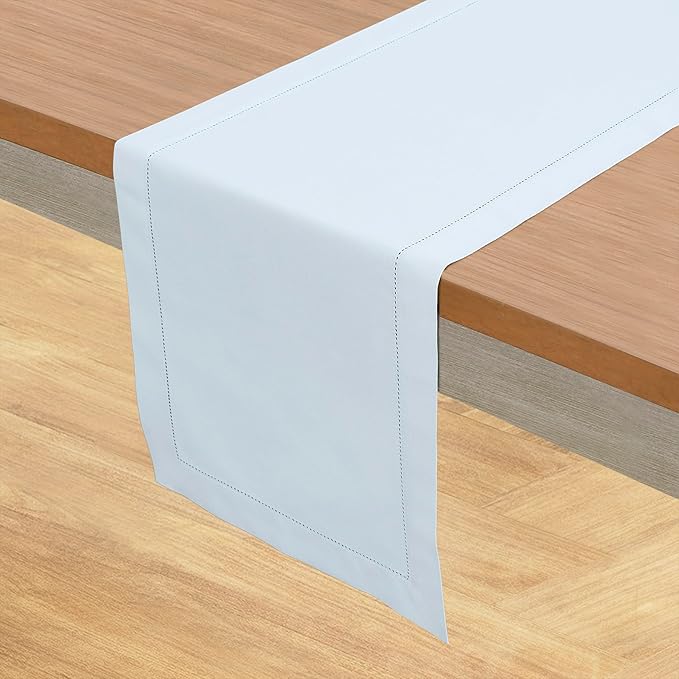 Solino Home Cotton Linen Light Blue Table Runner 72 Inches Long - Hemstitch Table Runner 14 x 72 Inch for Dresser, Dining, Spring, Summer, Mothers Day