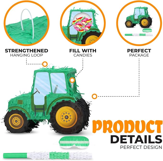Pinatas Bundle with a Blindfold and Bat(15.8 x 6.7 x 12 Inches), Tractor Pinatas Kids Excavator Pinatas for Construction Birthday Parties, Boys Birthday Party Supplies