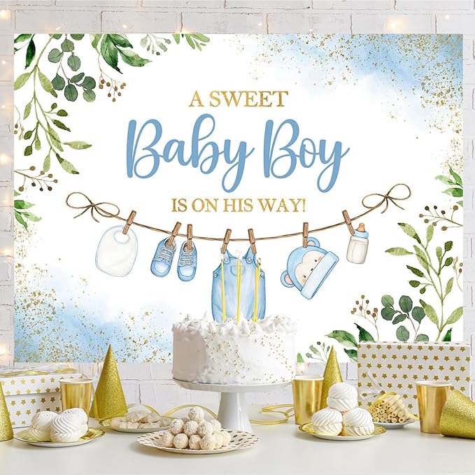 5x3ft Cute Clothes Baby Shower Backdrop for Boys a Sweet Baby Boy is on The Way Newborn Kids Blue Leaves Gold Dots Baby Shower Party Decorations Banner Supplies Photo Booth Props