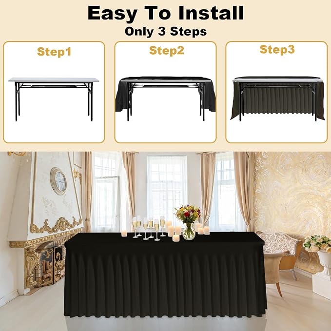 5 Pack Black Spandex Table Clothes for 6 Foot Rectangle Tables, Fitted Stretch Spandex Table Cover 6ft Black Tablecloths with Desk Skirt for Weddings Birthday Parties Banquet Baby Shower