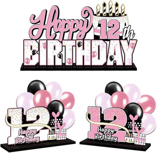 LINGTEER Happy 12th Birthday Pink Acrylic Table Topper Centerpieces Set - Cheers to 12 Years Old Birthday Twelve Bday Party Gift Decorations.