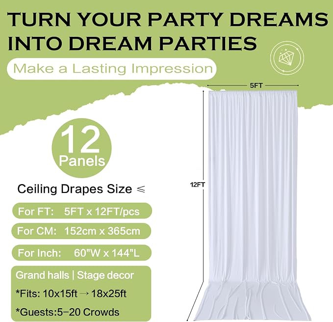 60ft×12ft White Backdrop Curtain for Wedding Parties, 12 Panels Wrinkle Free Polyester Photo Backdrop Drapes Back Drop Cloth for Independence Day Birthday Photography Background